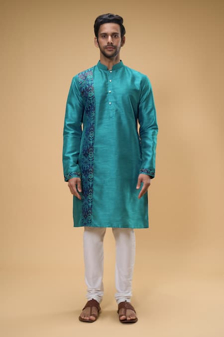 Shop_Arihant Rai Sinha_Blue Silk, Chanderi Silk, Chiffon Thread Placement Work Kurta And Churidar Set _Online_at_Aza_Fashions