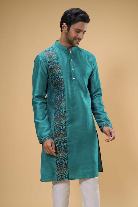 Buy_Arihant Rai Sinha_Blue Silk, Chanderi Silk, Chiffon Thread Placement Work Kurta And Churidar Set 