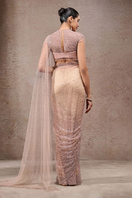 Tarun Tahiliani Blush Pink Designer Saree & Unstitched Blouse Piece Set 