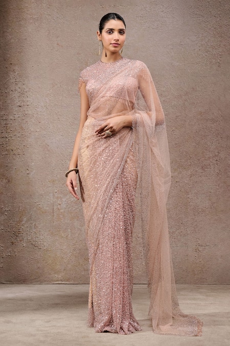 Buy_Tarun Tahiliani_Blush Net Sequins Pink Designer Saree And Unstitched Blouse Piece Set _Online_at_Aza_Fashions