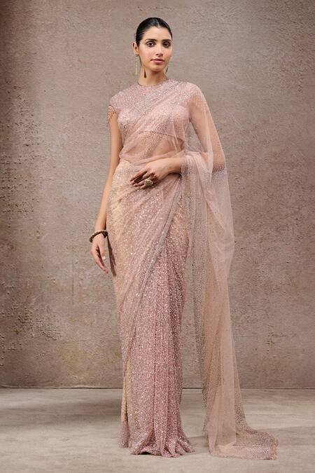 Buy_Tarun Tahiliani_Blush Net Sequins, Beads Round Neck Pink Designer Saree And Blouse Set _Online_at_Aza_Fashions