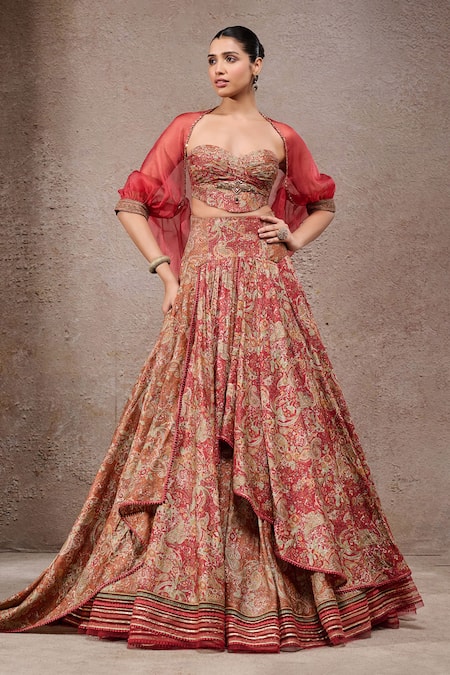 Tarun Tahiliani Rust Orange Tussar Silk Lehenga Set 