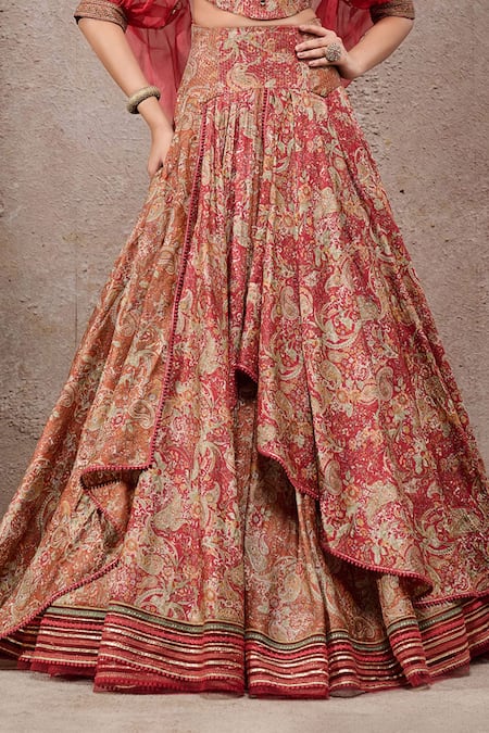 Tarun Tahiliani_Rust Tussar, Silk Sweetheart Neck Orange Lehenga Set _Online_at_Aza_Fashions