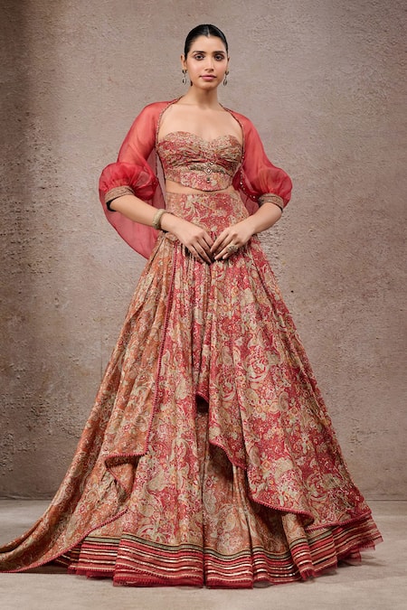 Buy_Tarun Tahiliani_Rust Tussar, Silk Sweetheart Neck Orange Lehenga Set _Online_at_Aza_Fashions