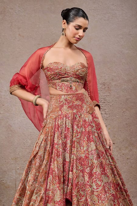 Shop_Tarun Tahiliani_Rust Tussar, Silk Sweetheart Neck Orange Lehenga Set _Online_at_Aza_Fashions