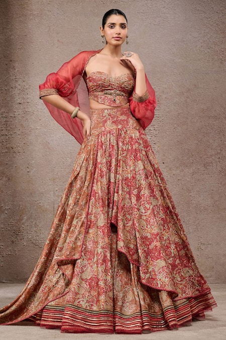 Tarun Tahiliani_Rust Tussar, Silk Sweetheart Neck Orange Lehenga Set _at_Aza_Fashions