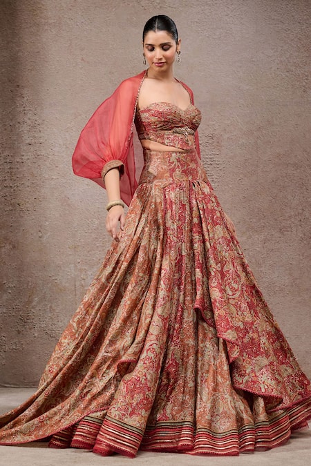 Buy_Tarun Tahiliani_Rust Tussar, Silk Sweetheart Neck Orange Lehenga Set 