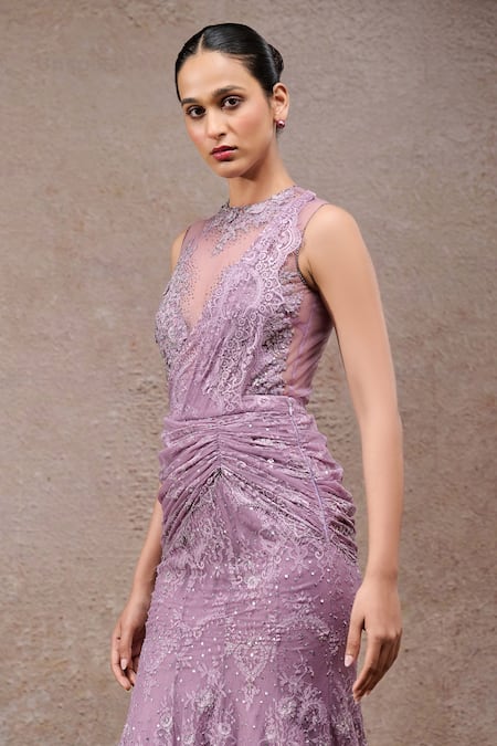Tarun Tahiliani_Lavender Lace, Tulle, Net Embroidery, Sequins High Neck Concept Saree And Bodysuit _Online_at_Aza_Fashions
