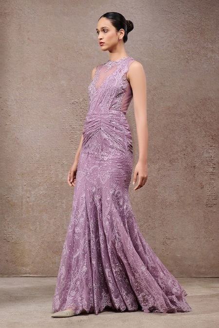 Buy_Tarun Tahiliani_Lavender Lace, Tulle, Net Embroidery, Sequins High Neck Concept Saree And Bodysuit _Online_at_Aza_Fashions