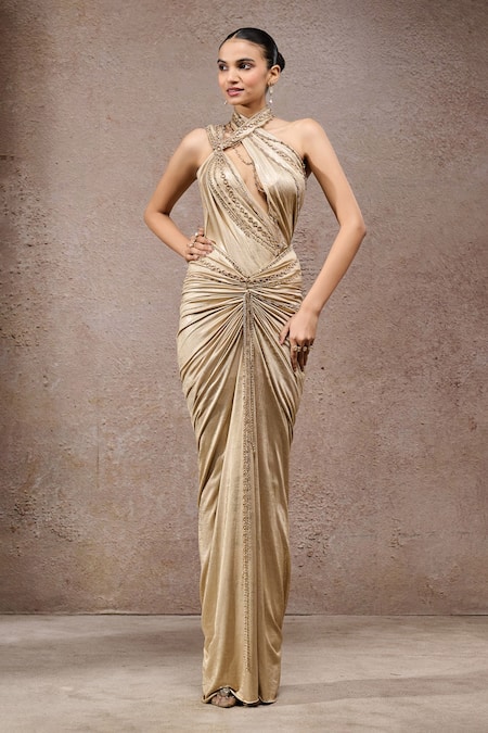 Buy_Tarun Tahiliani_Gold Jersey Sequins, Metallic Thread, Beads Foil Cutout Bodysuit And Skirt Set _Online_at_Aza_Fashions