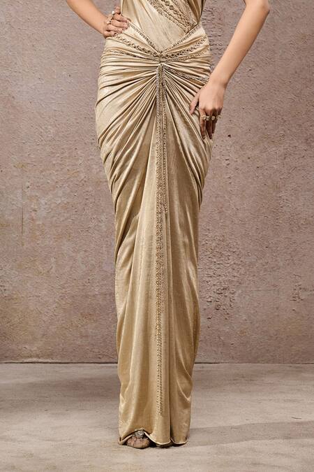 Shop_Tarun Tahiliani_Gold Jersey Sequins, Metallic Thread, Beads Foil Cutout Bodysuit And Skirt Set _Online_at_Aza_Fashions