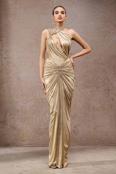 Tarun Tahiliani_Gold Jersey Sequins, Metallic Thread, Beads Foil Cutout Bodysuit And Skirt Set _at_Aza_Fashions