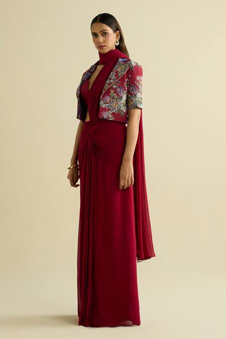 Shop_Meesa_Maroon Georgette, Chanderi Silk Embroidery Round Neck, Saree And Jacket Set _Online_at_Aza_Fashions
