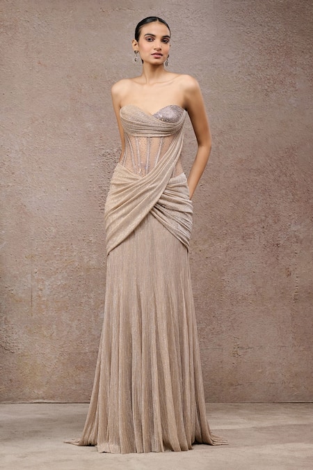 Tarun Tahiliani Champagne Beige Crinkle Net Gown 