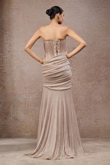 Tarun Tahiliani Champagne Beige Crinkle Net Gown 
