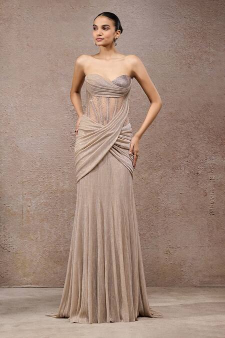 Tarun Tahiliani_Beige Net Beads Sweetheart Neck Champagne Crinkle Gown _Online_at_Aza_Fashions