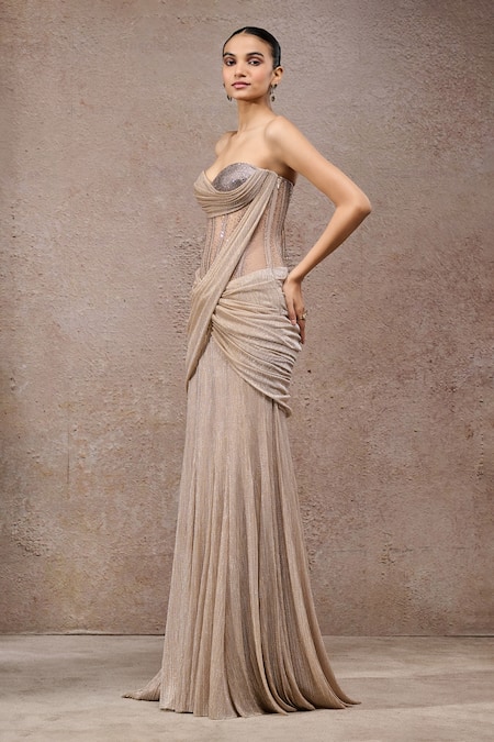Shop_Tarun Tahiliani_Beige Net Beads Sweetheart Neck Champagne Crinkle Gown _Online_at_Aza_Fashions
