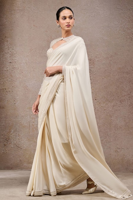 Buy_Tarun Tahiliani_Ivory Tulle, Net, Georgette Beads, Sequins, Designer Saree And Blouse Set _Online_at_Aza_Fashions