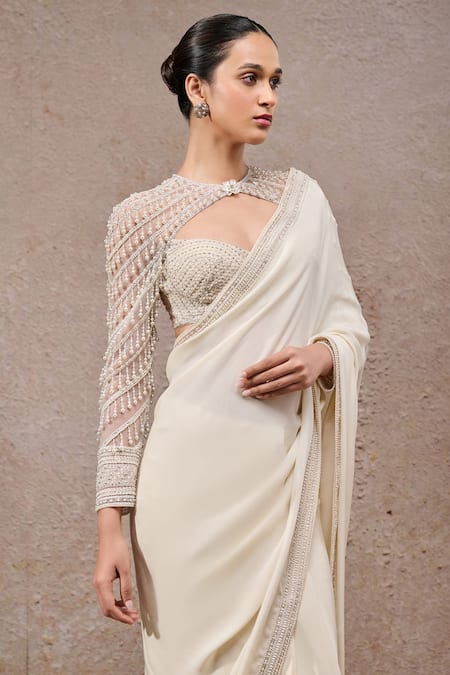 Shop_Tarun Tahiliani_Ivory Tulle, Net, Georgette Beads, Sequins, Designer Saree And Blouse Set _Online_at_Aza_Fashions