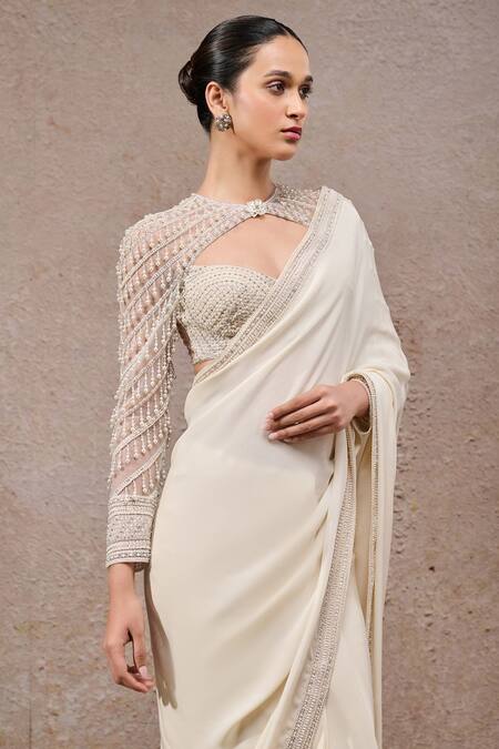 Shop_Tarun Tahiliani_Ivory Georgette Sequins Designer Saree With Unstitched Blouse Piece _Online_at_Aza_Fashions