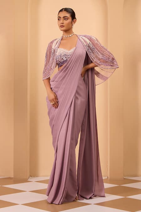One Knot One By Ashna Purple Pre-Draped Saree Set With Cape 