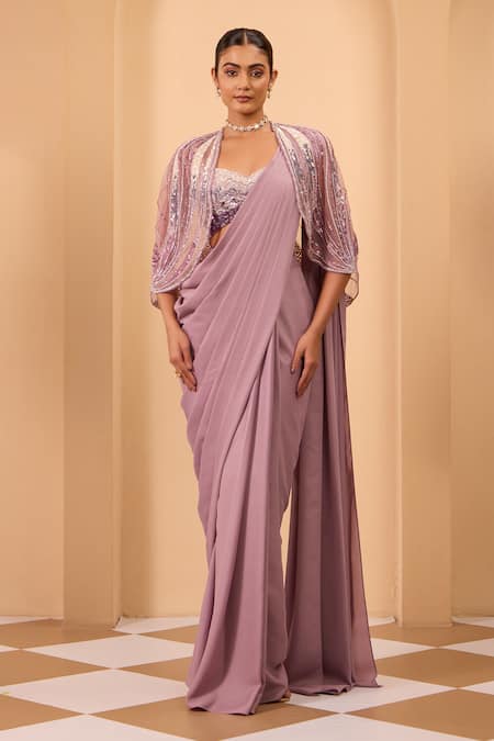 One Knot One By Ashna_Purple Crepe, Georgette Sequins Sweetheart Neck, Pre-draped Saree Set With Cape _Online_at_Aza_Fashions