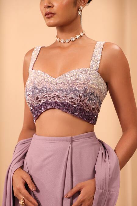 Shop_One Knot One By Ashna_Purple Crepe, Georgette Sequins Sweetheart Neck, Pre-draped Saree Set With Cape _Online_at_Aza_Fashions