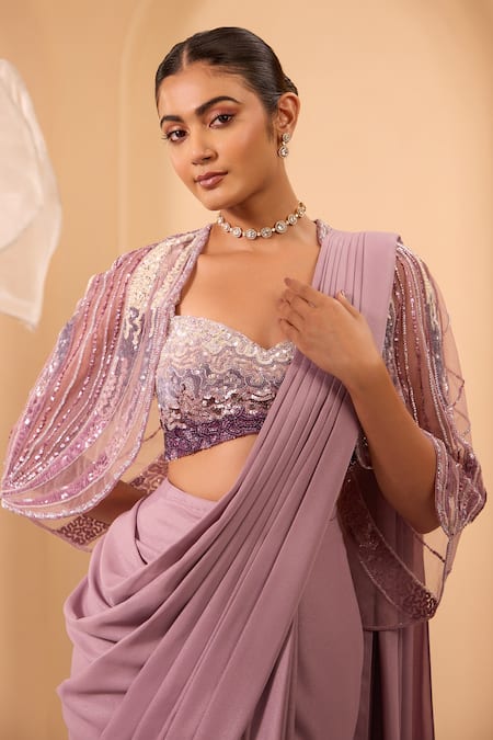 One Knot One By Ashna_Purple Crepe, Georgette Sequins Sweetheart Neck, Pre-draped Saree Set With Cape _at_Aza_Fashions
