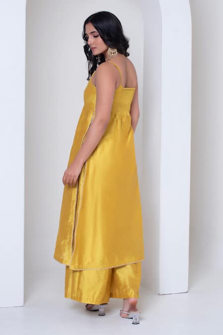 Shop Pomcha Jaipur Yellow Cotton, Silk, Organza Gota Patti Round Neck Kurta Set at Aza Fashions Shop_Pomcha Jaipur_Yellow Cotton, Silk, Organza Gota Patti Round Neck Kurta Set _at_Aza_Fashions