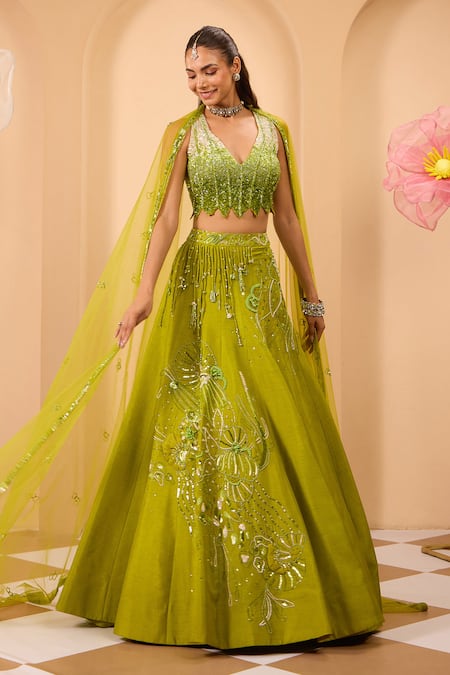 Buy_One Knot One By Ashna_Green Silk, Net Sequins, Embroidery, Beads V-neck Lehenga Set 