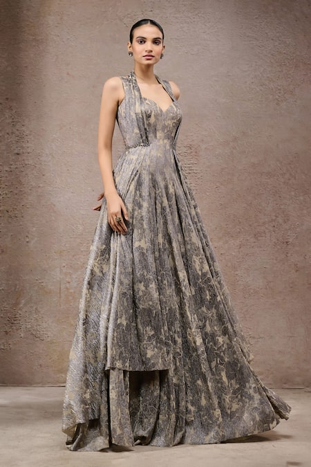 Tarun Tahiliani_Beige Net V-neck Beige-grey Crinkle Designer Gown _at_Aza_Fashions