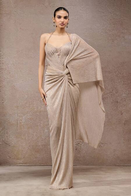 Tarun Tahiliani_Beige Net Crinkle Concept Saree _at_Aza_Fashions