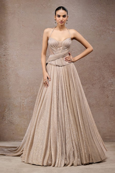 Tarun Tahiliani Beige Net Sweetheart Neck Champagne Crinkle Skirt And Corset Set