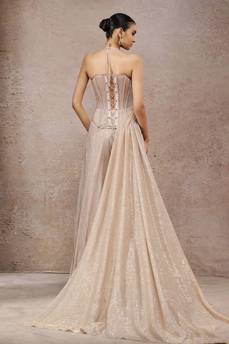 Tarun Tahiliani_Beige Net Sweetheart Neck Champagne Crinkle Skirt And Corset Set _Online_at_Aza_Fashions