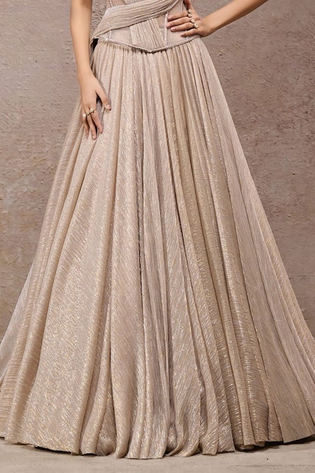 Buy_Tarun Tahiliani_Beige Net Sweetheart Neck Champagne Crinkle Skirt And Corset Set _Online_at_Aza_Fashions