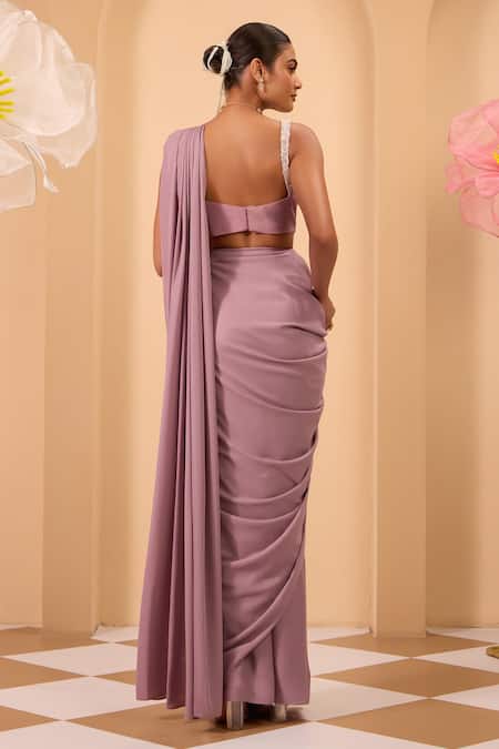 One Knot One By Ashna Purple Foil Geogette Pre-Draped Saree Set 