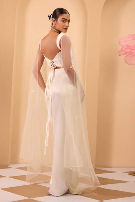 One Knot One By Ashna Ivory Shimmer Silk Corset & Drape Skirt Set 