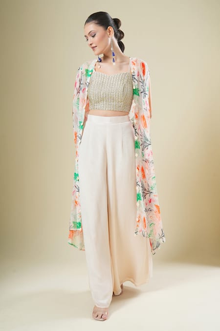 Samyukta Singhania Off White Chiffon, Georgette Embroidery Round , Open Cape And Palazzo Set 