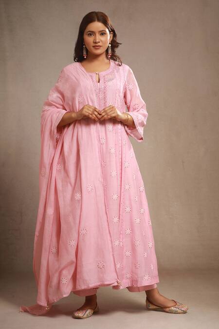 Sonali Methi_Pink Embroidery Round Neck Hand And Machine Anarkali Set _Online_at_Aza_Fashions