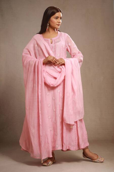Shop_Sonali Methi_Pink Embroidery Round Neck Hand And Machine Anarkali Set _Online_at_Aza_Fashions