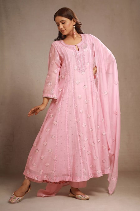 Sonali Methi Pink Embroidery Round Neck Hand And Machine Anarkali Set 