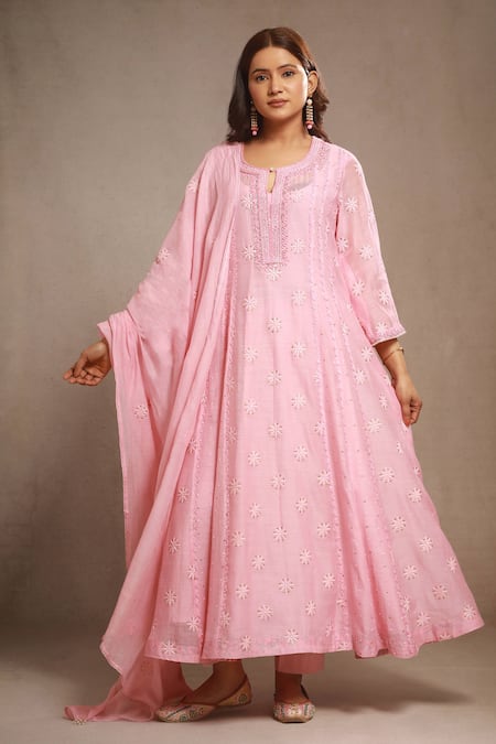 Sonali Methi_Pink Embroidery Round Neck Hand And Machine Anarkali Set _at_Aza_Fashions