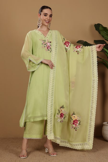 Sonali Methi Lime Embroidery V-neck Hand Chanderi Kurta Set