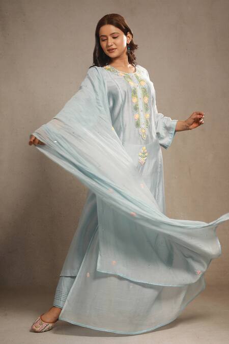 Sonali Methi_Blue Silk, Chanderi Embroidery Round Neck Powder Hand Kurta Set _Online_at_Aza_Fashions