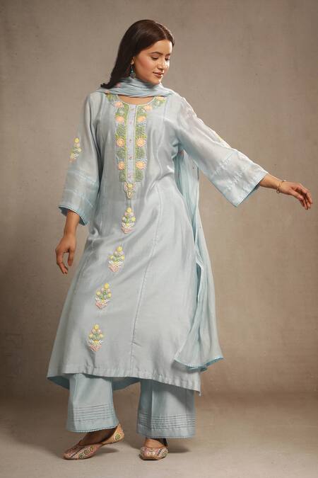 Shop_Sonali Methi_Blue Silk, Chanderi Embroidery Round Neck Powder Hand Kurta Set _Online_at_Aza_Fashions