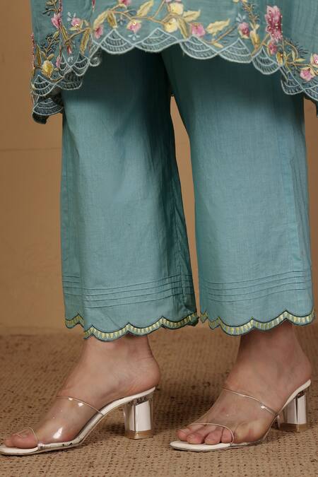 Buy_Sonali Methi_Blue Chanderi Embroidery Round Neck Kurta Pant Set _Online_at_Aza_Fashions