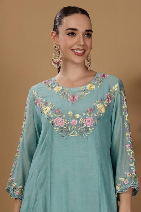 Shop_Sonali Methi_Blue Chanderi Embroidery Round Neck Kurta Pant Set _Online_at_Aza_Fashions
