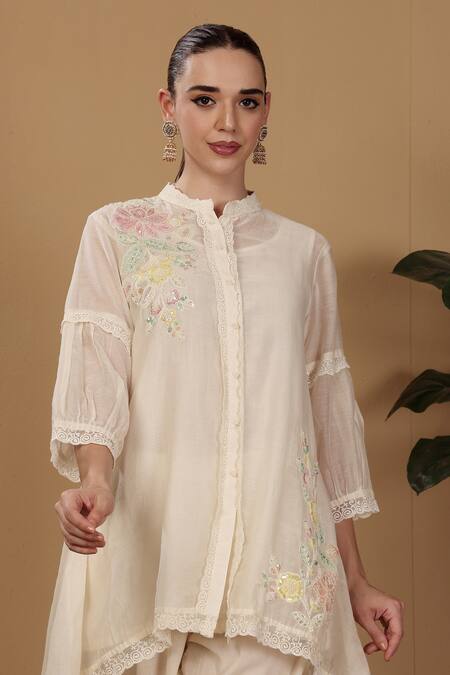 Sonali Methi_Off White Chanderi Embroidery Collared Kurta Set _Online_at_Aza_Fashions