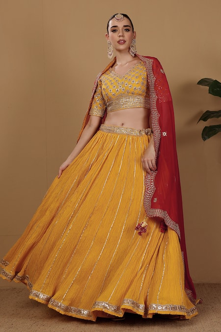 Sonali Methi Yellow Tassels, Sequins, Embroidery V-neck Red Hand Lehenga Set