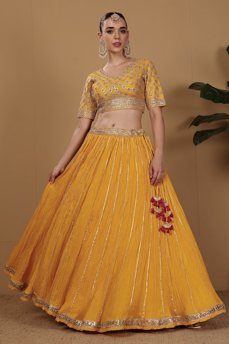 Sonali Methi_Yellow Tassels, Sequins, Embroidery V-neck Red Hand Lehenga Set _Online_at_Aza_Fashions